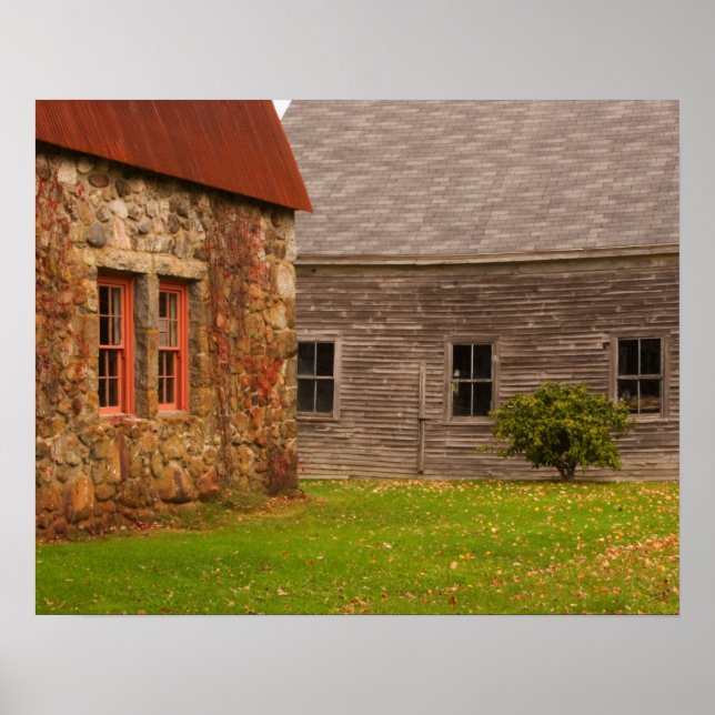 Póster Maine, Antigo edifício de pedra e celeiro de madei (Frente)