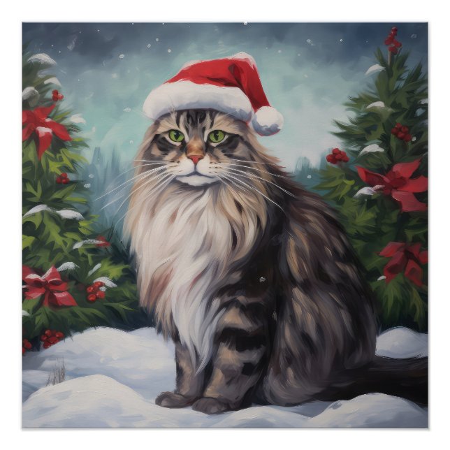 Póster Maine Coon Cat no Natal da Neve (Frente)