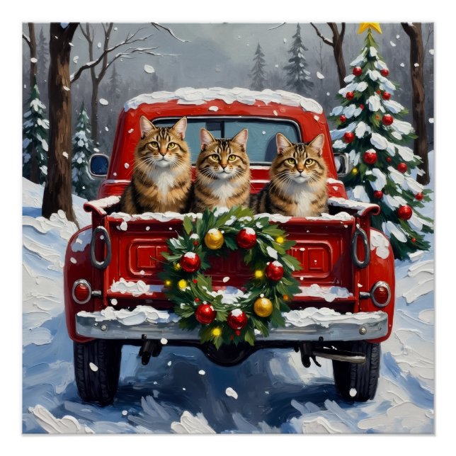 Póster Maine Coon Christmas Red Truck Holiday (Frente)