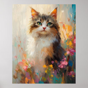 Poster Maine Coon de Olhos Verdejantes em Flores de Prima