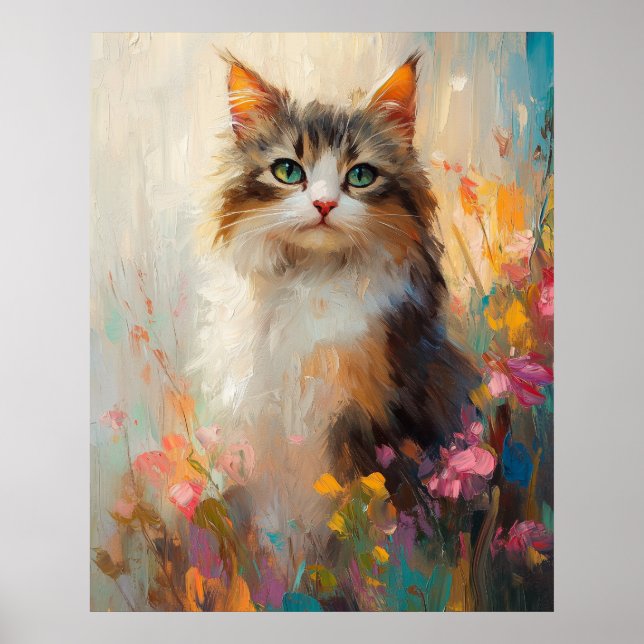 Poster Maine Coon de Olhos Verdejantes em Flores de Prima (Frente)