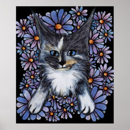 Poster Maine Coon Dilute Calico Cat Purple Daisy