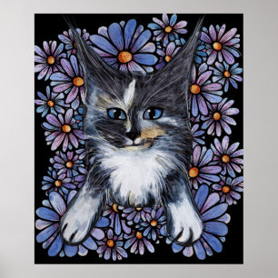 Poster Maine Coon Dilute Calico Cat Purple Daisy