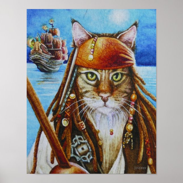 Poster Maine Coon Pirate Cat Jack & Ship Watercolor 11x14 (Frente)