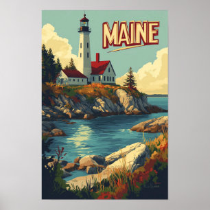 Poster Maine EUA Arte Ilustração Vintage Viagem
