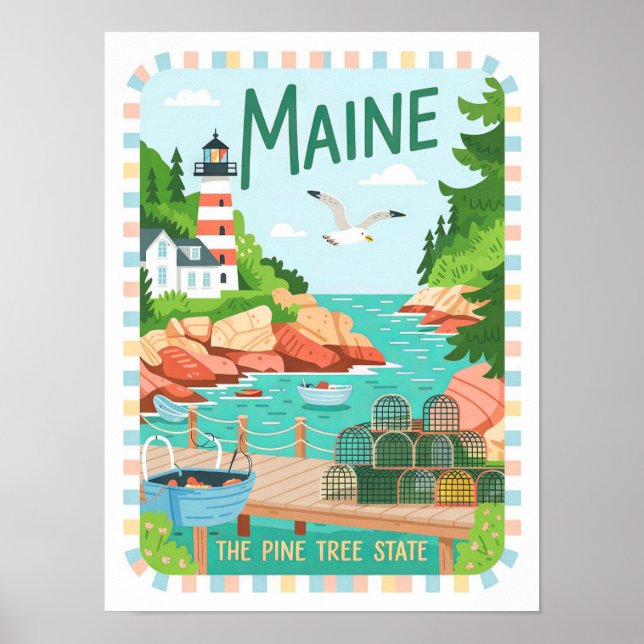 Poster Maine, Pine Tree State USA Summer Viagem (Frente)