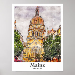 Poster Mainz Germany Viagem Watercolor - Desenho Da Mão