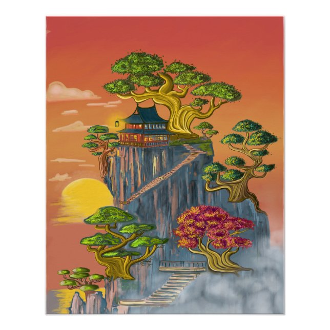 Póster Maison japonnaise et bonzaï sur les roches. (Frente)