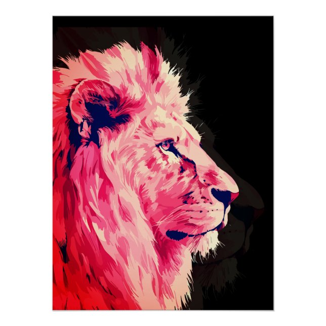Póster Majestade de Leão Rosa em Tela Preta (Frente)