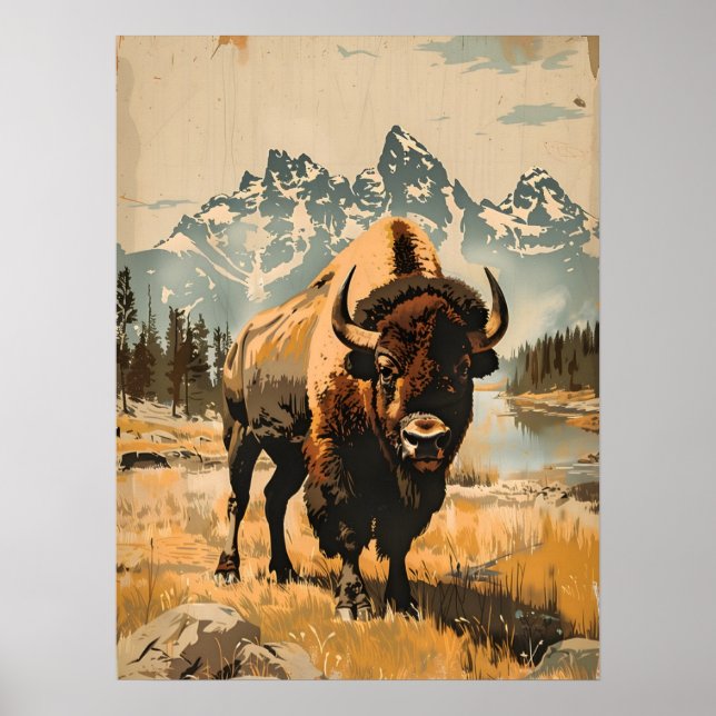 Poster Majestade: Ilustração Vintage Bison (Frente)