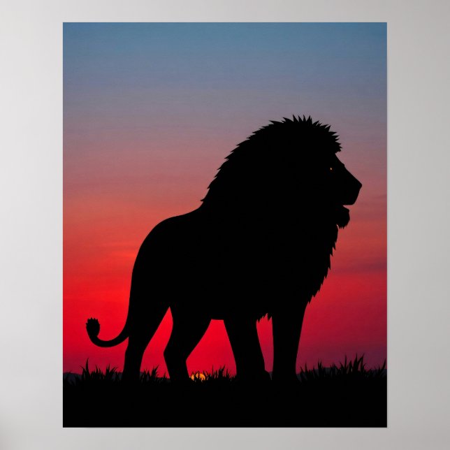 Poster Majestätische Löwen Silhouette bei Sonnenaufgang (Frente)