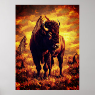 Poster Majestic Bison Oil Painting – Wild Prairie Sunset