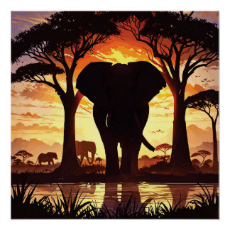 Póster Majestic Elephant at Sunset in the African Savanna