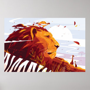 Poster Majestic lion on safari King of beasts lying and g