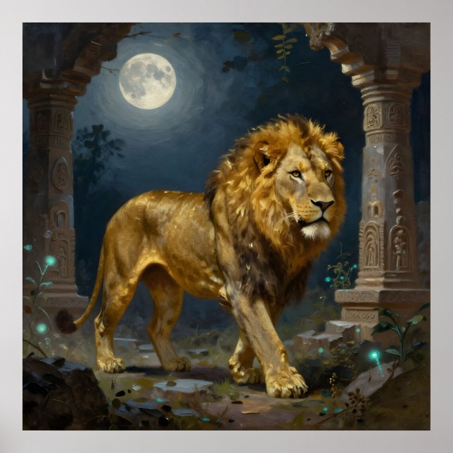 Poster Majestic Lion Strolling under the Moonlight  (Frente)