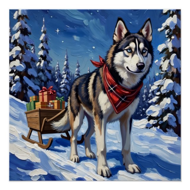 Póster Majestic Siberian Husky Pulling Christmas Sled (Frente)