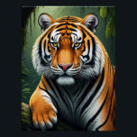 Póster Majestic Tiger in Jungle<br><div class="desc">A striking tiger gazes forward with intense amber eyes,  resting a paw on a log. Lush green foliage surrounds the scene,  creating a vibrant jungle setting.</div>