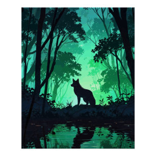 Póster Majestic Wolf Silhouette in Mystical Green Forest