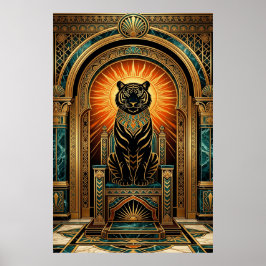 Poster Majestosa Arte Deco Tigre Estilo Folha de Ouro