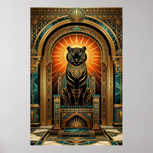 Poster Majestosa Arte Deco Tigre Estilo Folha de Ouro