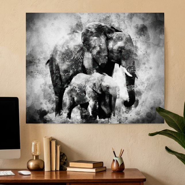 Poster Majestosa Elefanta Africana com Cria P&B (Majestic Female African Elephant with Calf B&W. Poster)
