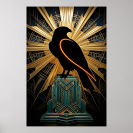 Poster Majestosa Silhueta de Falcão Art Déco em Ouro e Tu