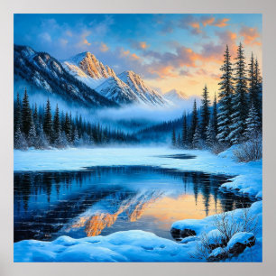 Poster Majestosas Montanhas Cobertas de Neve Refletindo