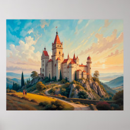 Poster Majestoso Castelo Montanhoso ao Pôr do Sol em Pito