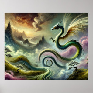 Poster Majestoso Dragão Celestial Sobre Montanhas de Fant