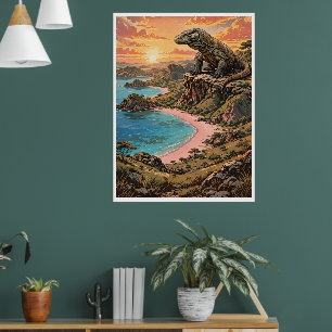 Poster Majestoso Dragão de Komodo com Vista para a Praia