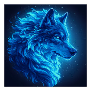Póster Majestoso Lobo Azul Brilhante Arte de Fantasia de