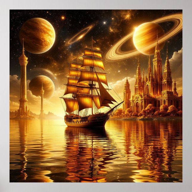 Poster Majestoso Navio à Vela Sob o Céu Dourado (Frente)