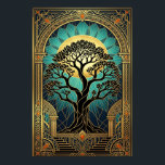 Poster Majestoso Projetor de Filme Vintage Art Deco Doura<br><div class="desc">Uma homenagem impressionante à Era de Ouro do Cinema. Esta obra-prima apresenta uma silhueta detalhada de um projetor de filme vintage no topo de um monumento Art Deco em camadas. Banhada por um esplendoroso sol dourado e emoldurada por arcos geométricos teal intrincados e estrelas celestes, esta obra de arte incorpora...</div>