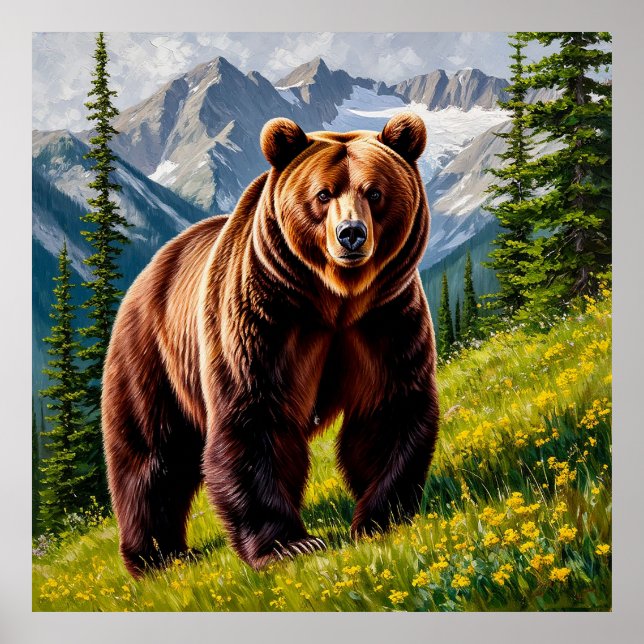 Poster Majestoso Urso Pardo em Prado Montanhoso (Frente)