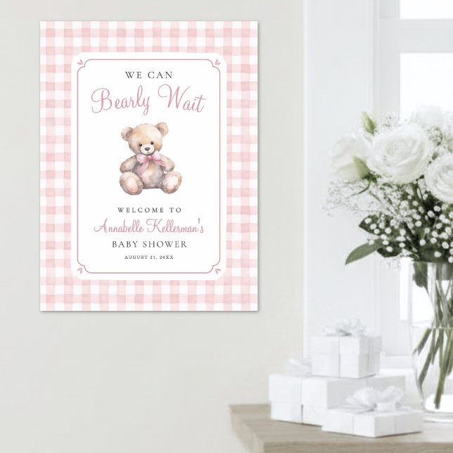 Poster Mal Podemos Esperar Chuveiro de Bebê Urso Rosa (We Can Bearly Wait Pink Bear Baby Shower Poster )
