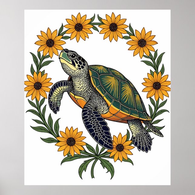 Poster Malaclemys Terrapin E Flores Black Eyed Susan (Frente)