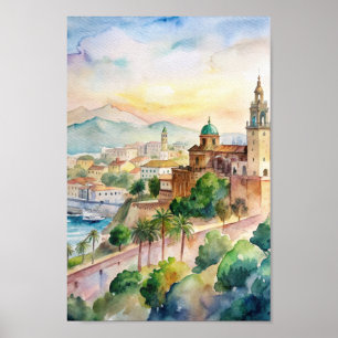 Poster Málaga Espanha Cityscape Watercolor Painting