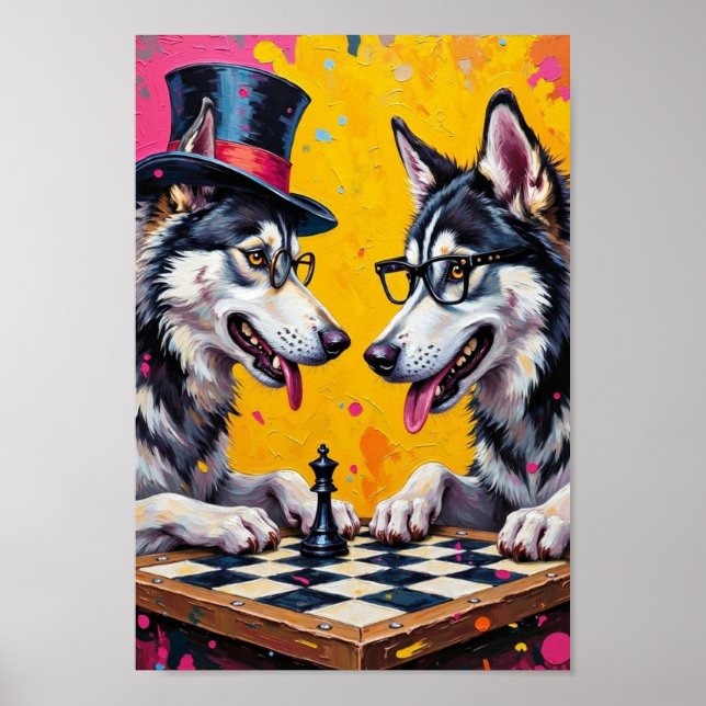 Poster Malamute do Alasca Jogando Xadrez Pop Art (Frente)