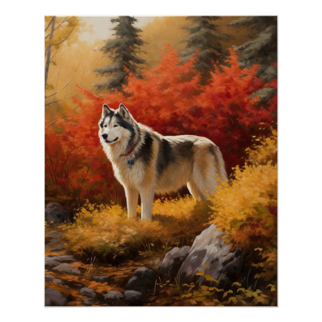 Póster Malamute do Alasca nas Folhas do outono inspira-se (Frente)