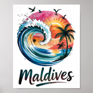 Poster Maldivas Pôr do Sol Tropical e Design de Surf para