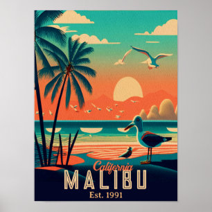 Poster Malibu California Retro Sunset Souvenirs 1950