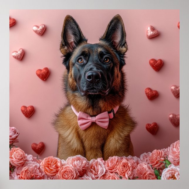 Poster Malinois Belga com Rosas - Dia dos Namorados  (Frente)