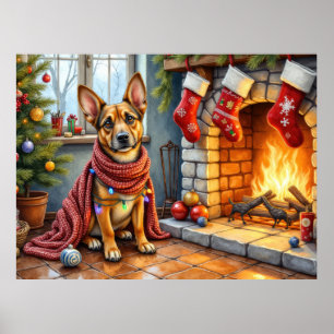 Poster Malinois Belga Lareira com Luzes de Natal