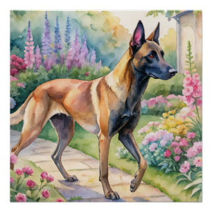 Póster Malinois Belga Tricolor Aquarela no Jardim