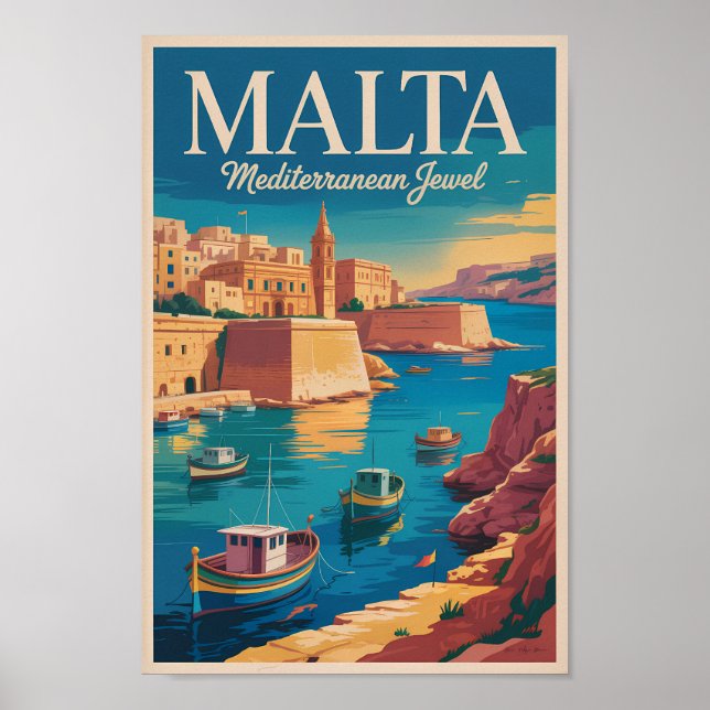 Poster Malta Coast Illustration Travel Art Vintage (Frente)