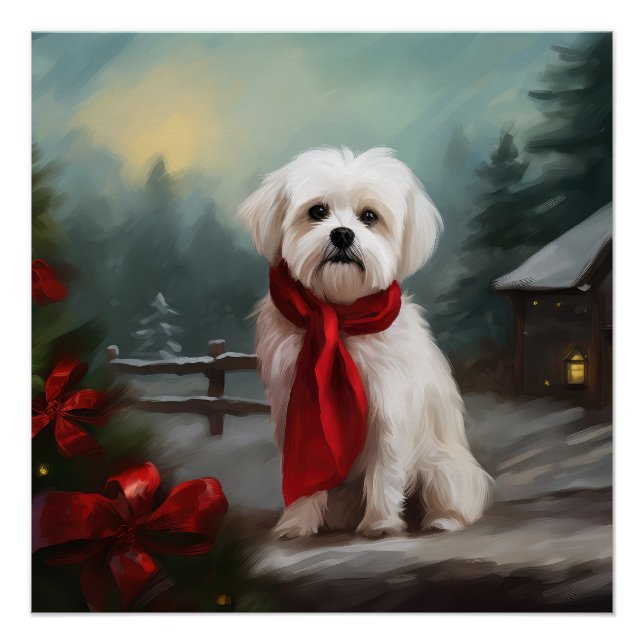 Póster Maltês Cão no Natal da Neve (Frente)