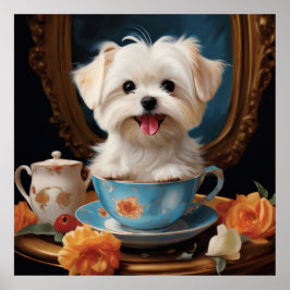 Poster Maltês sentado em um Teacup Vintage