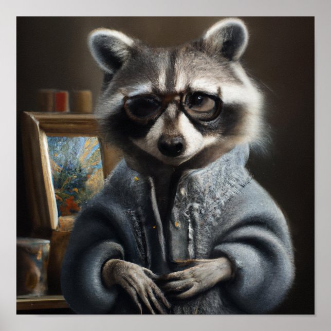 Poster Mama Raccoon vestindo um casaco tricot e óculos (Frente)