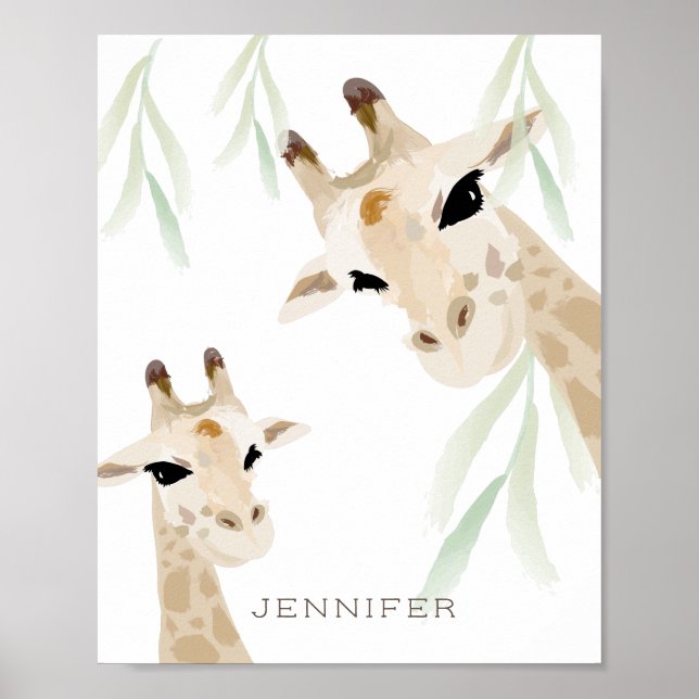 Poster Mamãe e Baby Giraffe Watercolor Art (Frente)