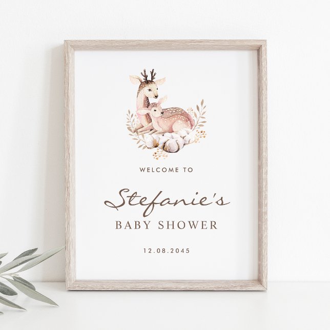 Poster Mamãe e Chá de fraldas de veado (Woodland theme baby shower welcome sign featuring watercolor mommy and baby deer. )